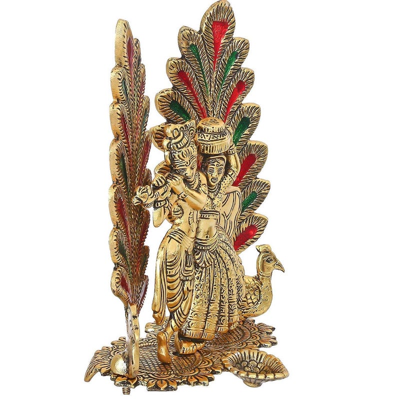 CHHARIYA CRAFTS Metal Radha Krishna Idol Statue with Diya Peacock Design Decorative Showpiece (Metal, Gold) - Image 3