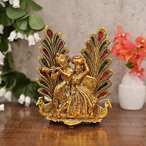 CHHARIYA CRAFTS Metal Radha Krishna Idol Statue with Diya Peacock Design Decorative Showpiece (Metal, Gold) - Image 1