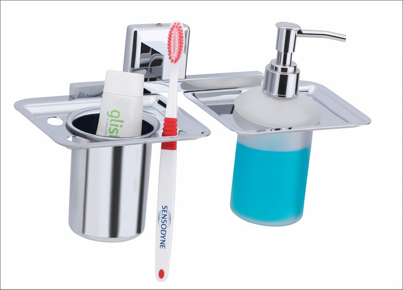 ORCE BATH ARTICLE soap Dispenser with Toothbrush Holder for washbasin Liquid Dispenser and Brush Holder for Bathroom Tumbler Holders dispensers 26(304 Stainless Steel,Chrome Finish,Frosted Glass) - Image 2