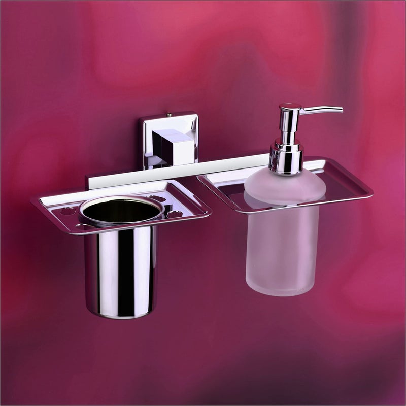 ORCE BATH ARTICLE soap Dispenser with Toothbrush Holder for washbasin Liquid Dispenser and Brush Holder for Bathroom Tumbler Holders dispensers 26(304 Stainless Steel,Chrome Finish,Frosted Glass) - Image 1
