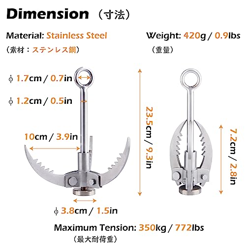 TRIWONDER Grappling Hook Gravity Rock Climbing Hooks Folding Claws Stainless Steel Anchor for Climbing, Hiking, Tree Limb Removal (Silver - 3 Claws) - Image 2