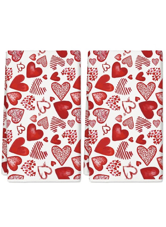 AnyDesign Valentine's Day Kitchen Towel Watercolor Red Hearts Dish Towels 18 x 28 Inch Watercolor Love Heart Hand Drying Tea Towel for Wedding Anniversary Cooking Baking, Set of 2 - Image 1