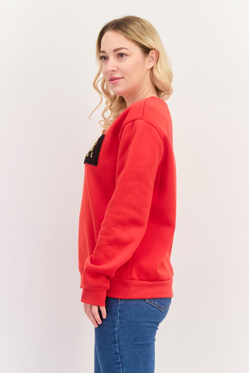 Buzz سويت شيرت نسائي بياقة دائرية بطباعة جرافيك، أحمر - Image 3