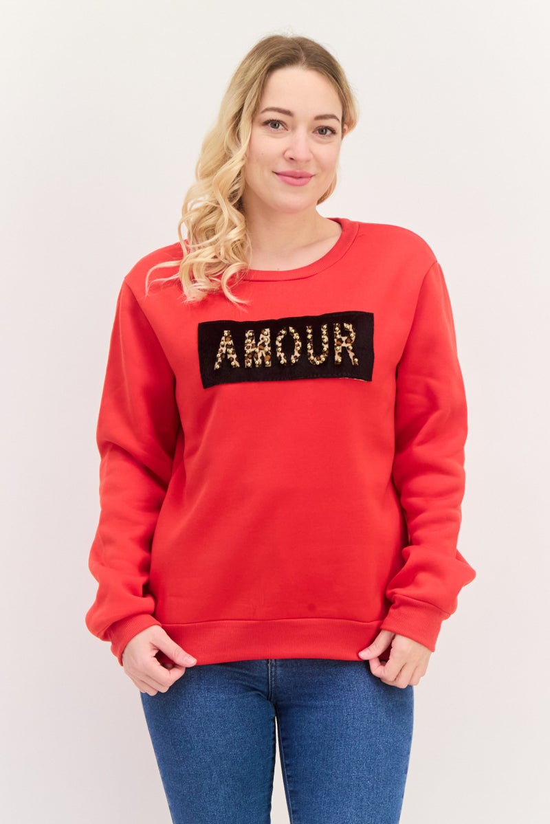 Buzz سويت شيرت نسائي بياقة دائرية بطباعة جرافيك، أحمر - Image 1