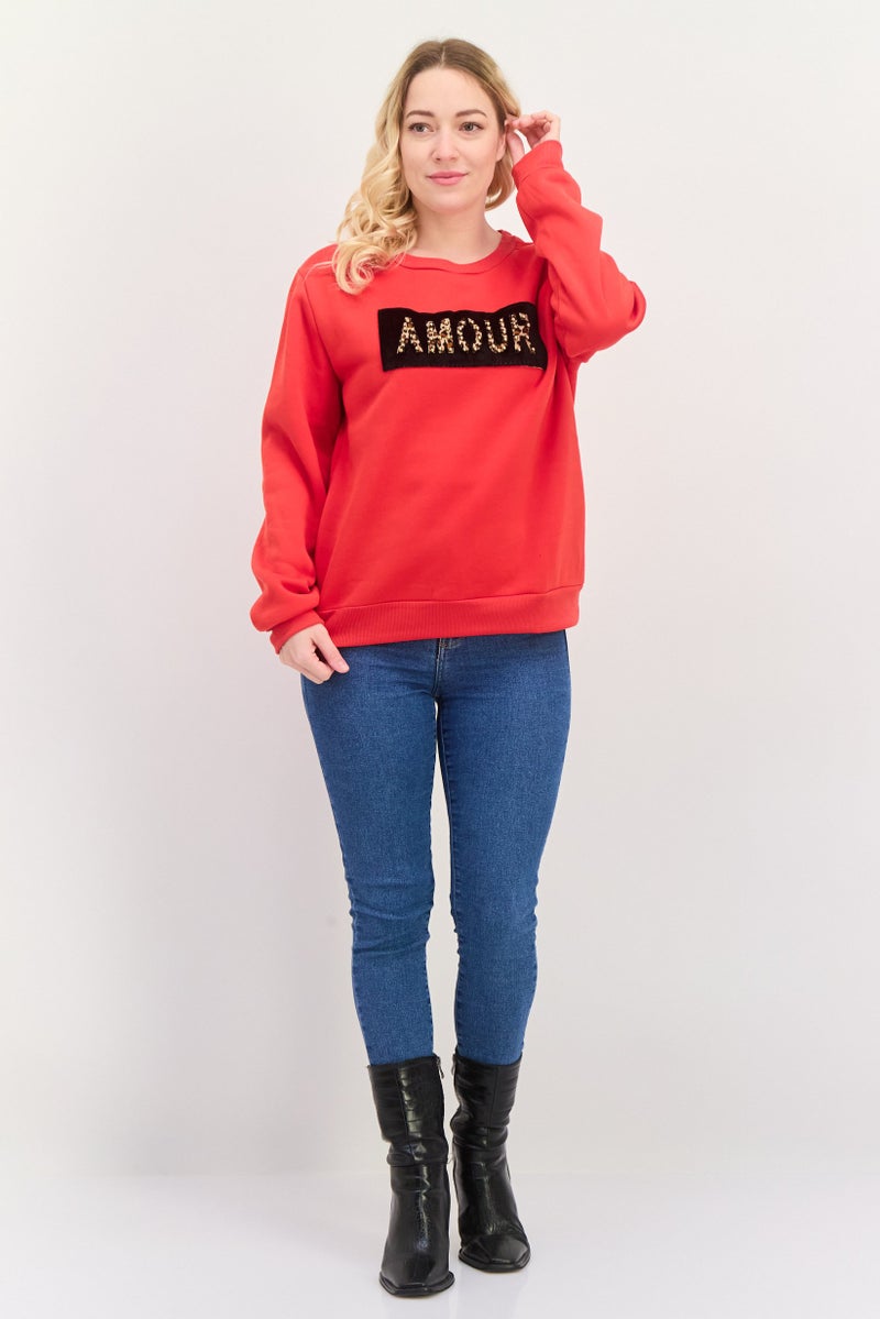 Buzz Women Crew Neck Graphic Print Sweatshirt, Red - Image 4