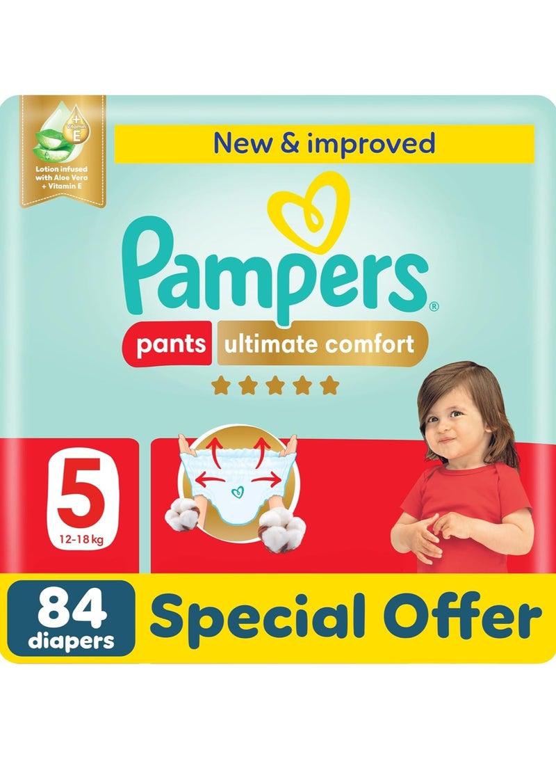 Pampers Ultimate Comfort Pants Diapers, Size 5, 12-18kg, Lotion infused with Aloe Vera and Vitamin E, Cottony Soft Fit for up to 100% Leakage Protection, Super Saving Pack, 84 Count