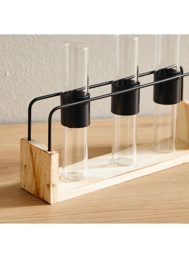 Home Box Wadee Metal and Wooden Flower Holder with 3 Glass Vases