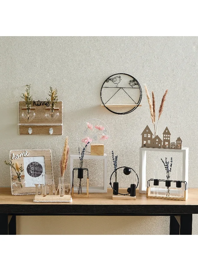 Home Box Wadee Metal and Wooden Flower Holder with 3 Glass Vases