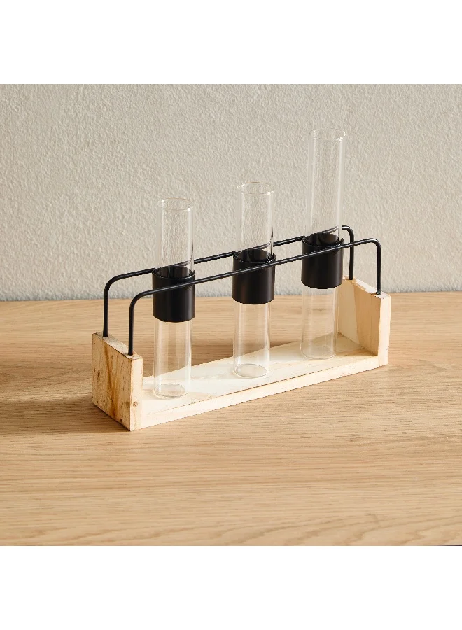 Home Box Wadee Metal and Wooden Flower Holder with 3 Glass Vases