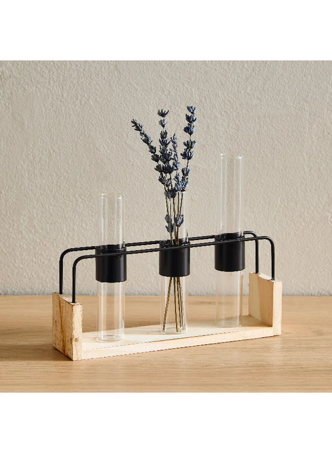 Home Box Wadee Metal and Wooden Flower Holder with 3 Glass Vases