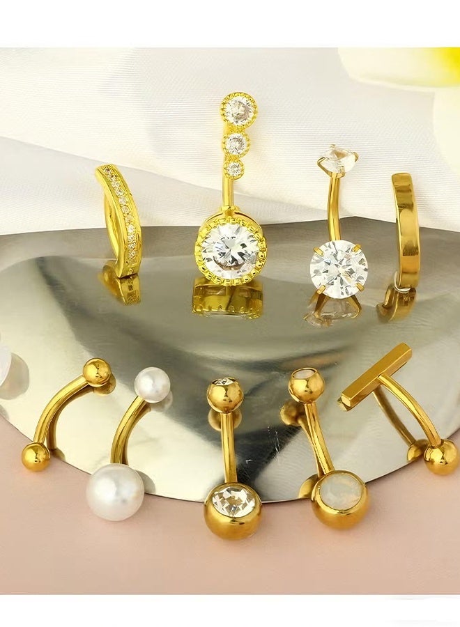 Happy D 9 PCS belly button ring gold Stainless Steel Belly Piercing Rings Set , women Navel piercing Rings, fashion Rhinestone studded fashiony body piercing jewelry set, belly Piercing Jewelry for Women and Girls ideal jewelry gifts - Image 3