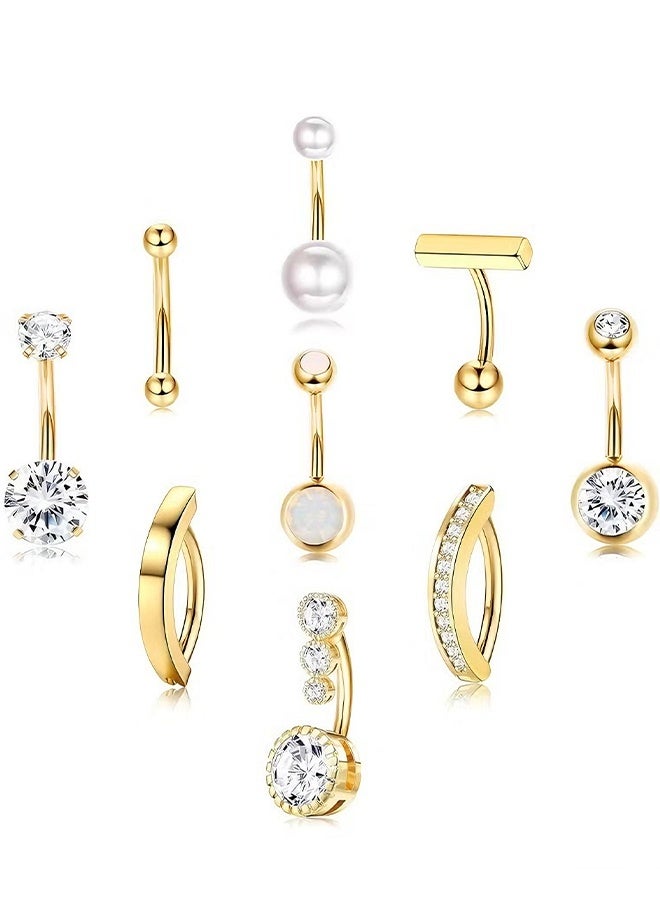 Happy D 9 PCS belly button ring gold Stainless Steel Belly Piercing Rings Set , women Navel piercing Rings, fashion Rhinestone studded fashiony body piercing jewelry set, belly Piercing Jewelry for Women and Girls ideal jewelry gifts - Image 1