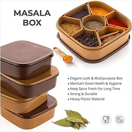 RIVUGJA Multipurpose 7 In 1 Plastic Masala Rangoli Dabba Box Set with Spoon Spice Box Set Wooden Style Plastic Spice Organizer - Image 3