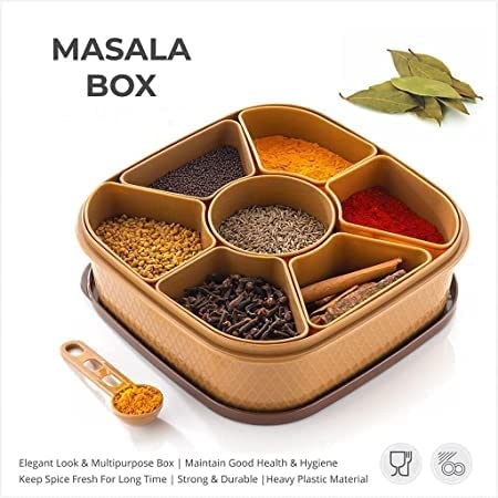 RIVUGJA Multipurpose 7 In 1 Plastic Masala Rangoli Dabba Box Set with Spoon Spice Box Set Wooden Style Plastic Spice Organizer - Image 4