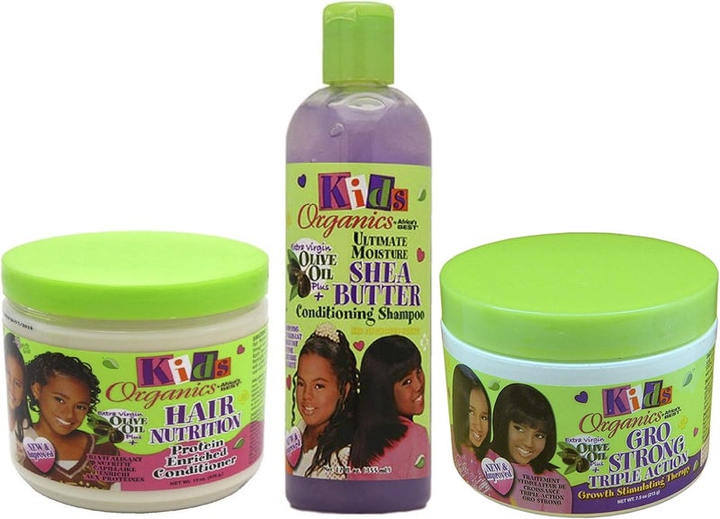Africas Best Kids Organic SET OF 3 Ultimate Moisture Shea Butter Conditioning Shampoo 12ozProtein Enriched Hair Nutrition Conditioner 15ozGro Strong Triple Action Growth Stimulating Therapy 75oz
