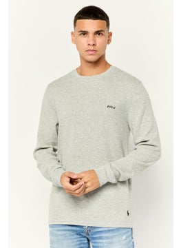 Men Crew Neck Embroidered Logo Long Sleeves Sweatshirt, Light Grey