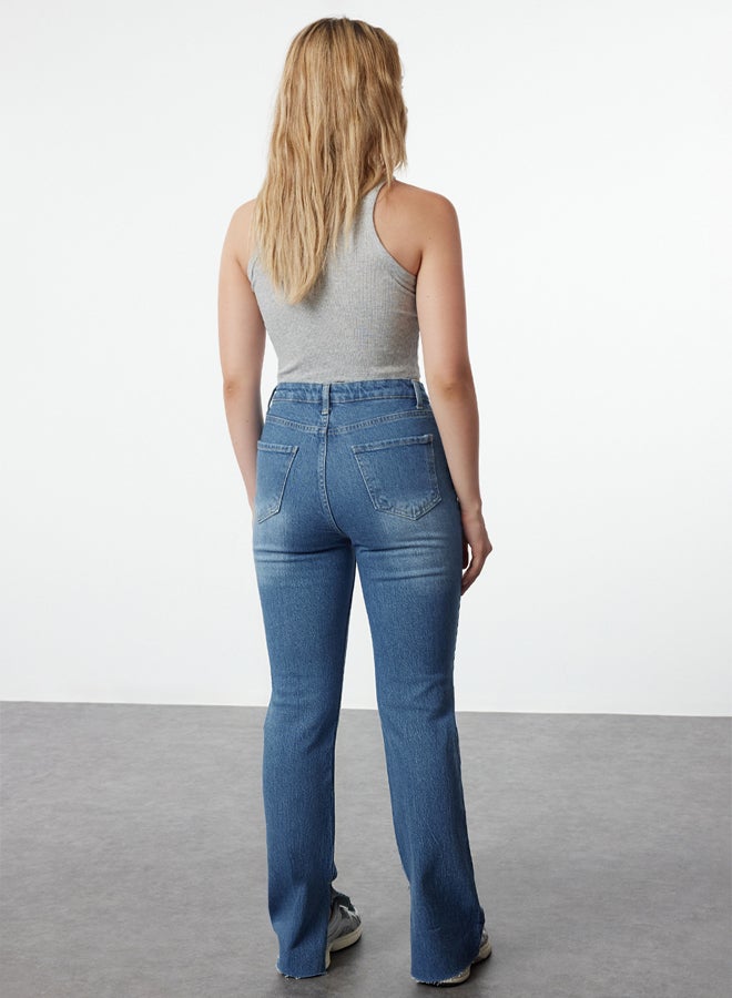 trendyol بنطال جينز أزرق داكن بفتحة عالية الخصر TWOAW22JE0382 - Image 5