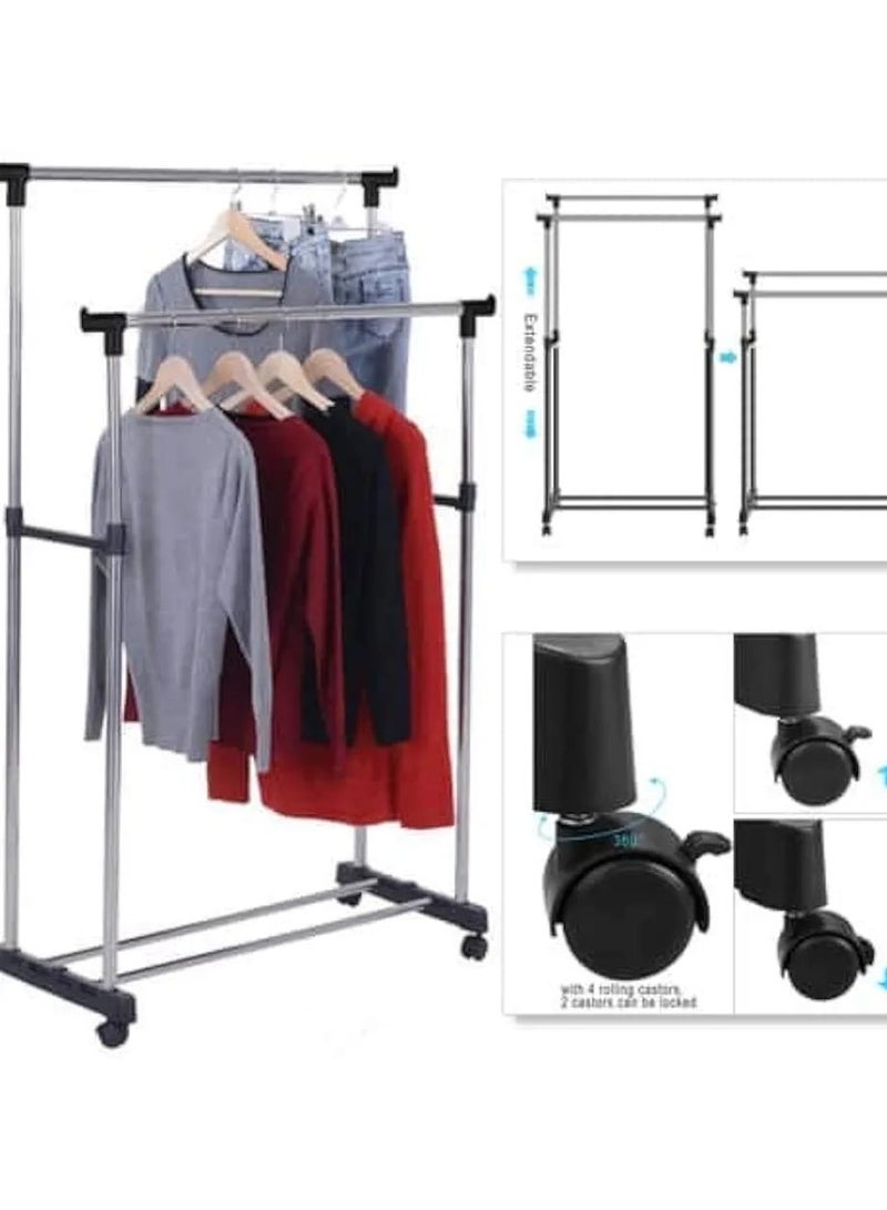 SITLAENTERPRISE Stainless Steel Portable Double Pole Telescoplc Clothes Rack, Foldable Dual Clothes and Garment Hanging Rack, Laundry Drying Stand with Wheels for Indoor and Outdoor - Image 2