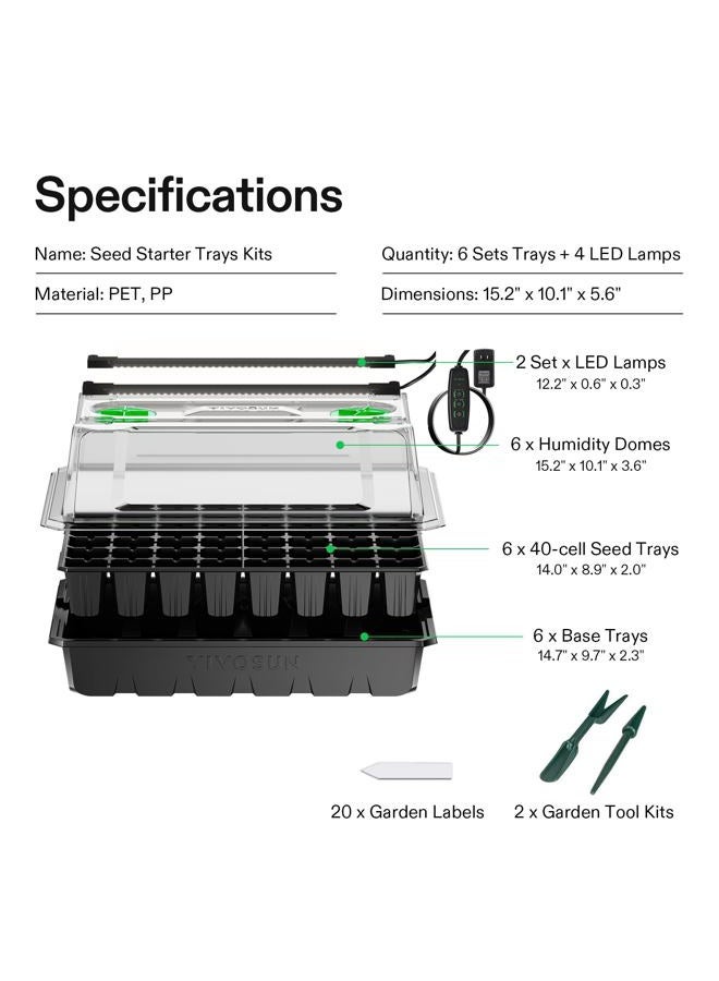 VIVOSUN Seed Starter Trays with Clear Humidity Dome, Adjustable Vents, Drainage Hole, 3.6" Higher Cover, 2 LED Light Bars Set for Planting Seeds, 1 Pack of 40 Cells, Total 6 Packs of 240 Cells - Image 5