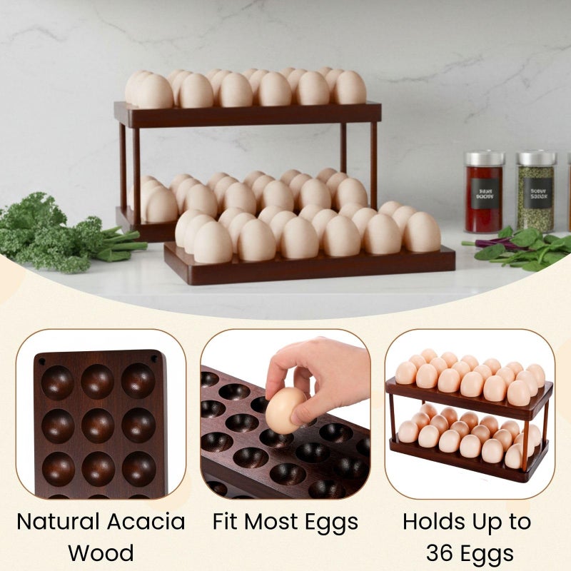 YOUEON Acacia Wooden Egg Holder with Double Layers, Detachable Wooden Egg Tray Holds 36 Fresh Eggs, Countertop Storage Rack for Gathering Fresh & Easter Eggs, Rustic Decor - Image 3