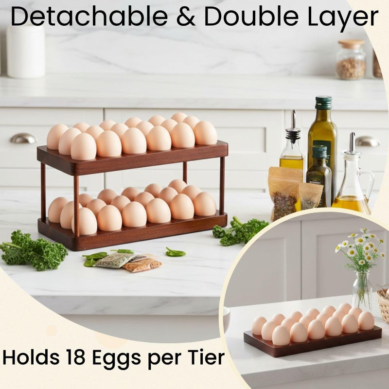 YOUEON Acacia Wooden Egg Holder with Double Layers, Detachable Wooden Egg Tray Holds 36 Fresh Eggs, Countertop Storage Rack for Gathering Fresh & Easter Eggs, Rustic Decor - Image 4