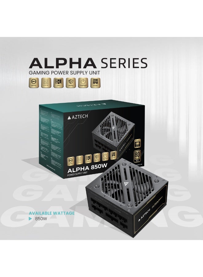 أزتك مزود طاقة ALPHA بقدرة 850 واط 80 بلس جولد تصميم معياري بالكامل جاهز ATX 3.1 وPCIe 5.1 مروحة صامتة Zero RPM مكثفات يابانية 105° أداء عالٍ ومتوافق مع بطاقات RTX 40 للألعاب والحواسيب المكتبية - Image 1