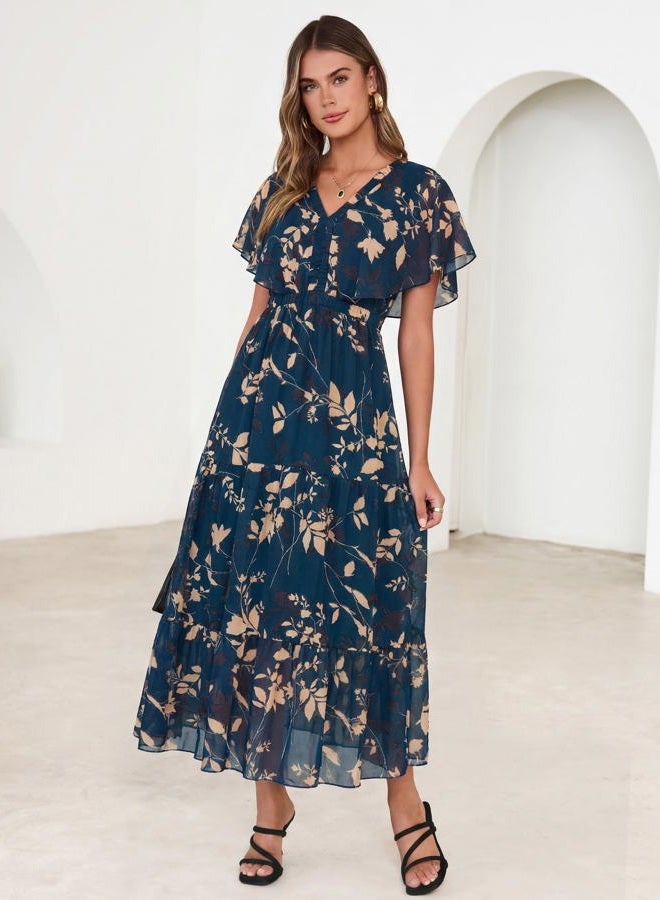 SIMPLEE Womens Floral Boho Maxi Dress Summer Beach Wedding Guest V Neck Ruffle Sleeve Long Flowy Dresses, Dark Blue Floral, XL - Image 2