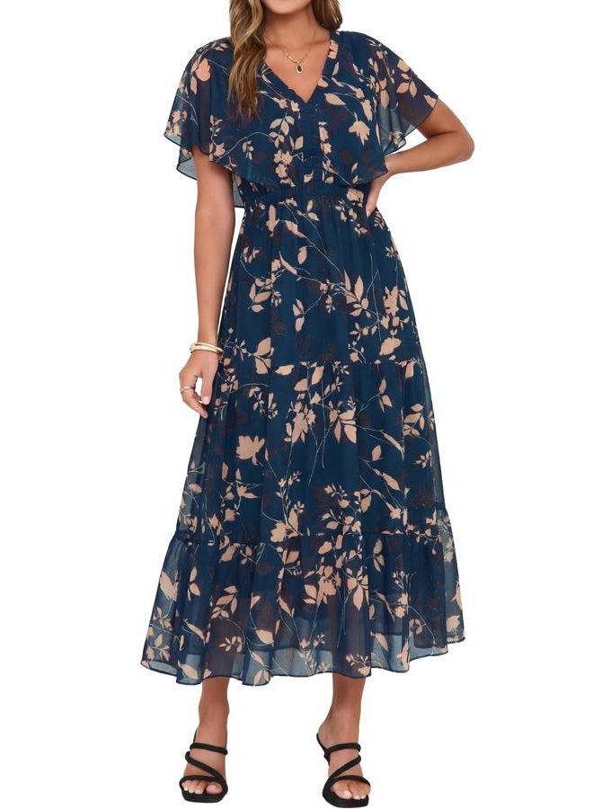 SIMPLEE Womens Floral Boho Maxi Dress Summer Beach Wedding Guest V Neck Ruffle Sleeve Long Flowy Dresses, Dark Blue Floral, XL - Image 1