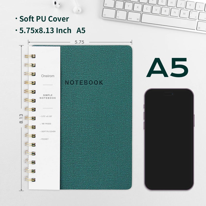 Oneirom Spiral Notebook-5.75" x 8.125" College Ruled Journal with Inner Pockets and 160 Pages,PU Leather Cover Business Journal, Twin-Wire Binding Notebook Perfect for Office & Home School Supplies Green - Image 2