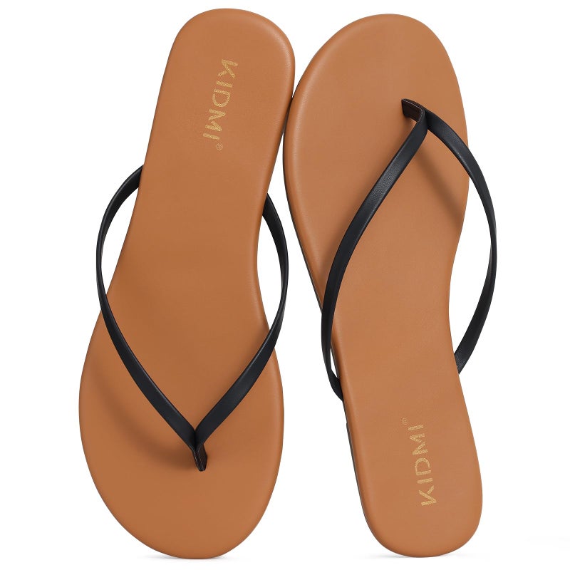 KIDMI Thong Flip Flops for Women - Memory Foam Summer Beach Sandals for Women - Vegan Leather Flat Sandals, Brown/Black EU 39 - Image 1