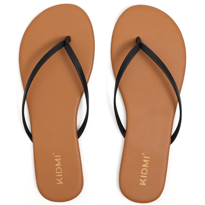 KIDMI Thong Flip Flops for Women - Memory Foam Summer Beach Sandals for Women - Vegan Leather Flat Sandals, Brown/Black EU 39 - Image 4