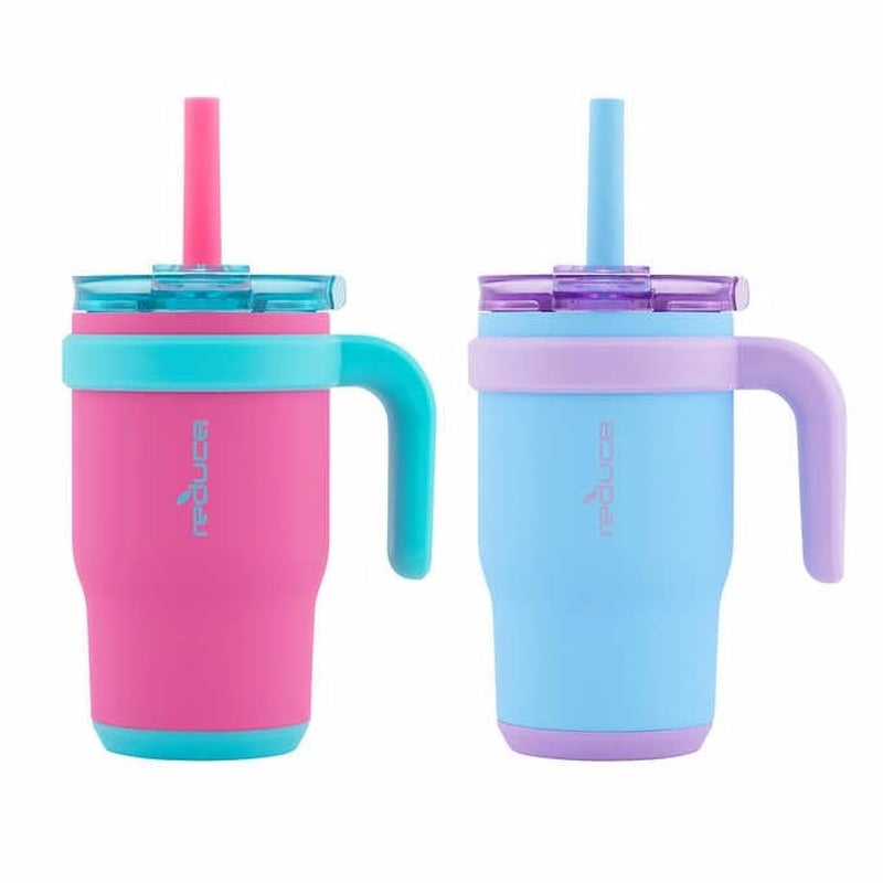reduce 14oz Coldee Tumbler with Handle for Kids Leakproof Insulated Stainless Steel Mug with Lid & Straw Keeps Drinks Cold up to 18 Hrs – Spill Proof Chew-Resistant Straw- 2 Pack - Image 1
