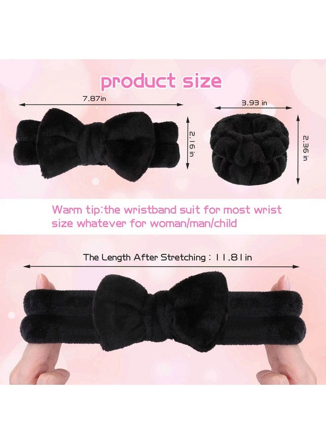 WSYUB Makeup Headbands 1Pcs Black Spa Headband Fluffy Bow Tie Headband Microfiber Face Headband And 2Pcs Wrist Spa Wash Band Absorbent Wristbands For Washing Face Skin Care - Image 3