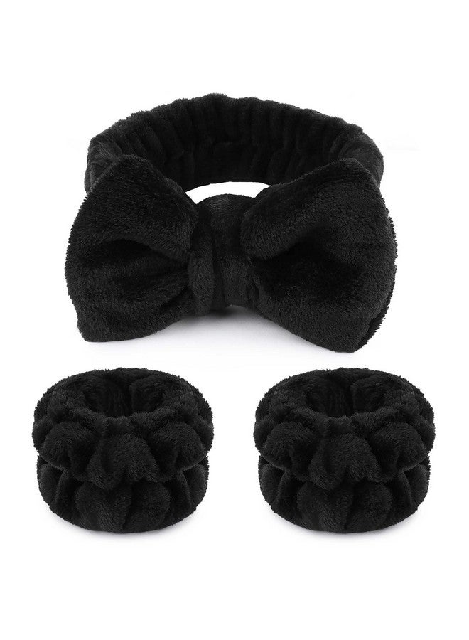 WSYUB Makeup Headbands 1Pcs Black Spa Headband Fluffy Bow Tie Headband Microfiber Face Headband And 2Pcs Wrist Spa Wash Band Absorbent Wristbands For Washing Face Skin Care - Image 2