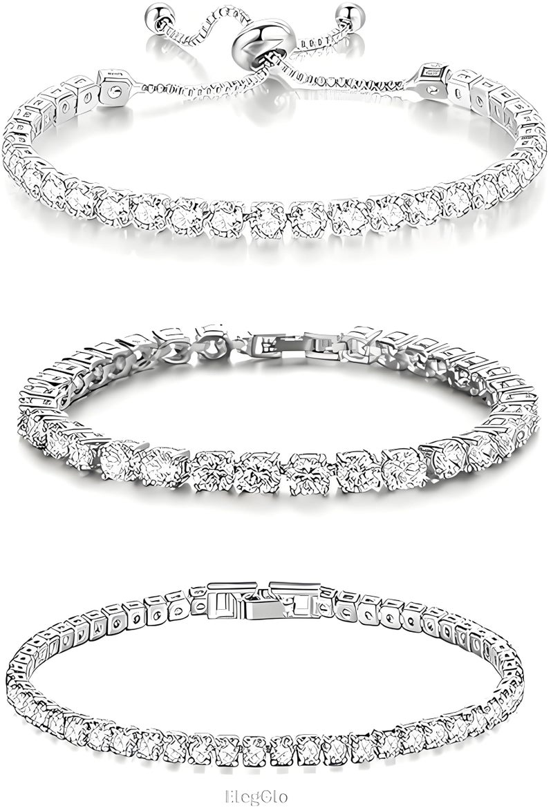 ElegGlo 14K Silver Plated Tennis Bracelet Set Cubic Zirconia Classic Adjustable Bracelet Silver Bracelets for Women Birthday Mother's Day Wedding Gift - Image 1