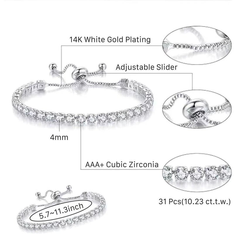 ElegGlo 14K Silver Plated Tennis Bracelet Set Cubic Zirconia Classic Adjustable Bracelet Silver Bracelets for Women Birthday Mother's Day Wedding Gift - Image 3