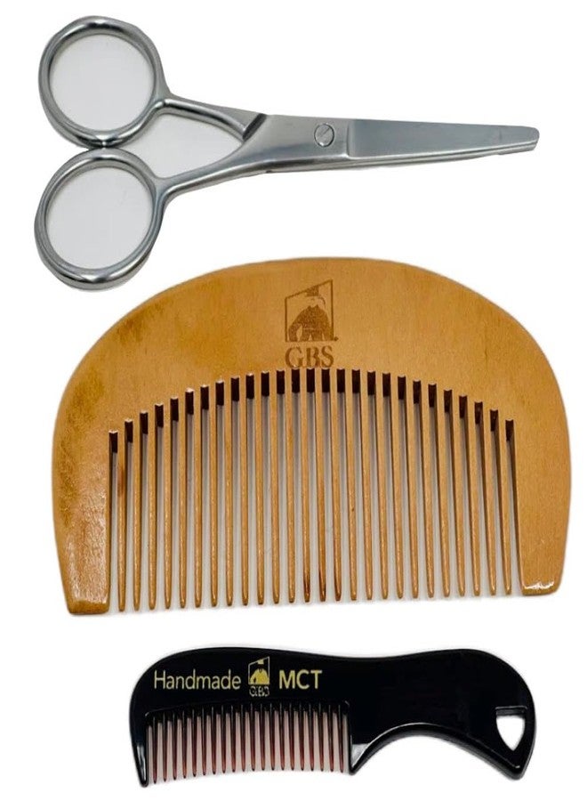 G.B.S 3n1 Professional Men's Beard and Mustache Trimming Styling 4" Scissors Beard Wood Comb and Mustache Comb - Image 1