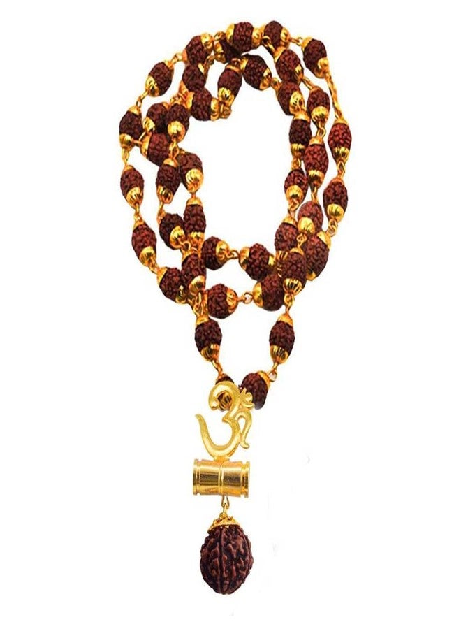 M Men Style Religious Jewellery Lord Shiv Yoga Om Damaru Locket with Gold Plated Caps Rudraksha Mala Temple Jewelry Pendant for Men and Boy - Image 1