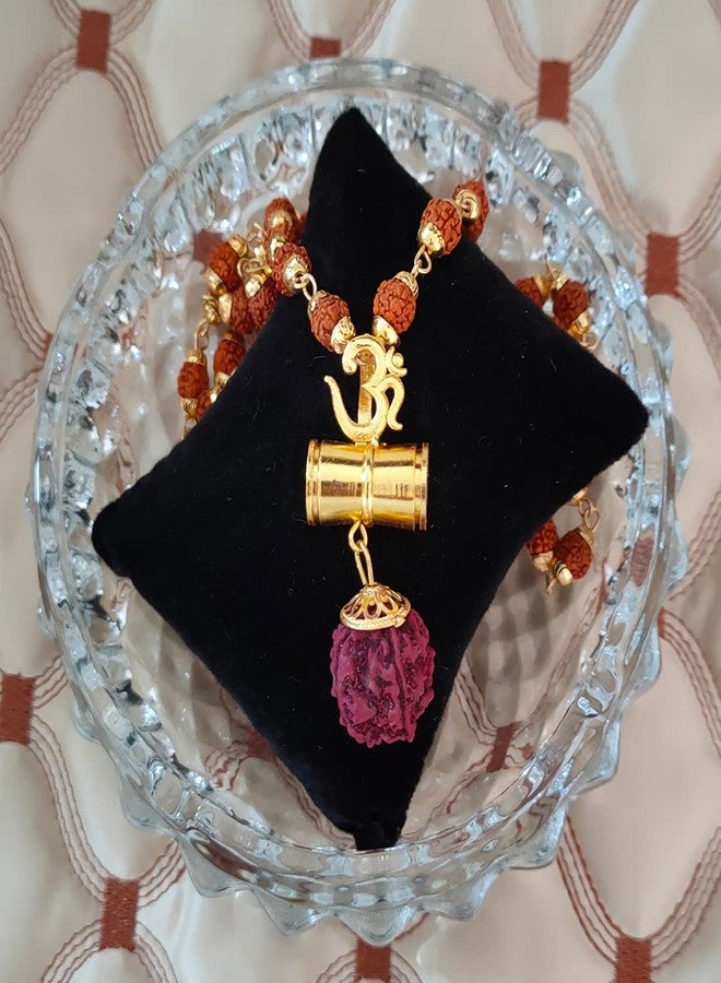 M Men Style Religious Jewellery Lord Shiv Yoga Om Damaru Locket with Gold Plated Caps Rudraksha Mala Temple Jewelry Pendant for Men and Boy - Image 3