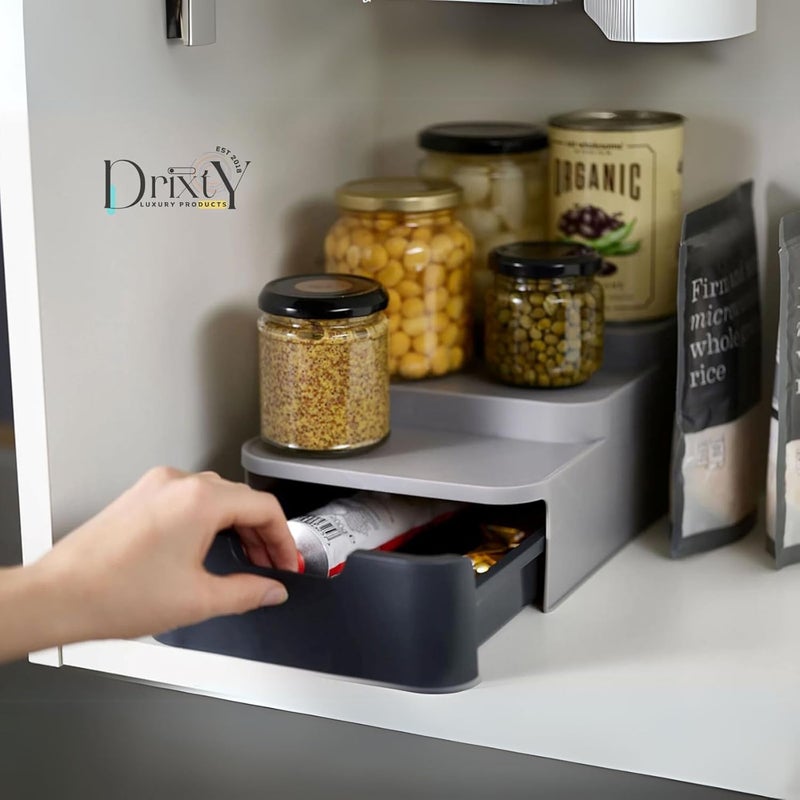 DRIXTY 3Tier Shelf Organizer With Drawer Step Rack for Kitchen Storage Pull Out Basket Organizer for Modular Kitchen Cabinet Drawer Multipurpose Container Shelf Organizer Storage Grey - Image 3