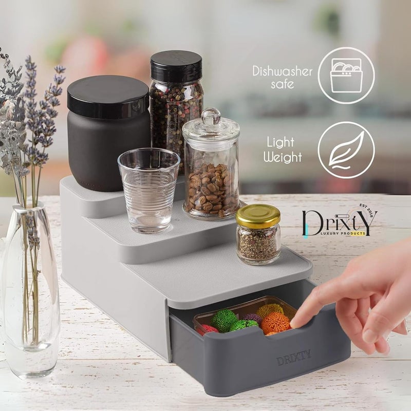 DRIXTY 3Tier Shelf Organizer With Drawer Step Rack for Kitchen Storage Pull Out Basket Organizer for Modular Kitchen Cabinet Drawer Multipurpose Container Shelf Organizer Storage Grey - Image 5