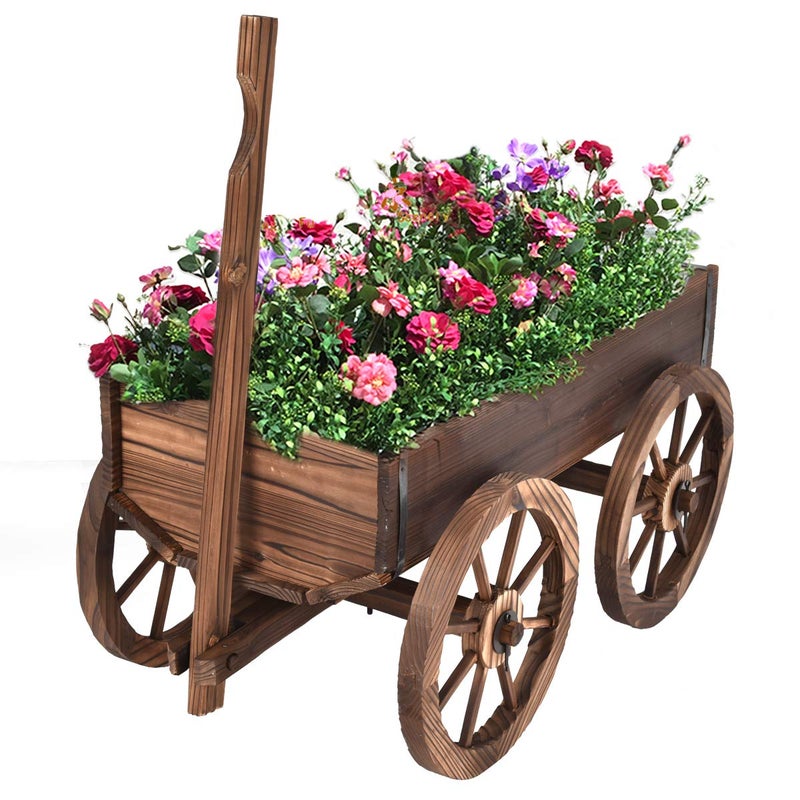 Giantex Wood Wagon Flower Planter Pot Stand WWheels Home Garden Outdoor Decor