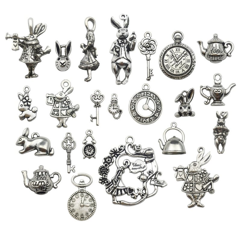 iloveDIYbeads 40 قطعة سحر فضي عتيق من أليس في بلاد العجائب لحفلة الشاي ستيمبانك فيكتوري للزينة (M077) - Image 1