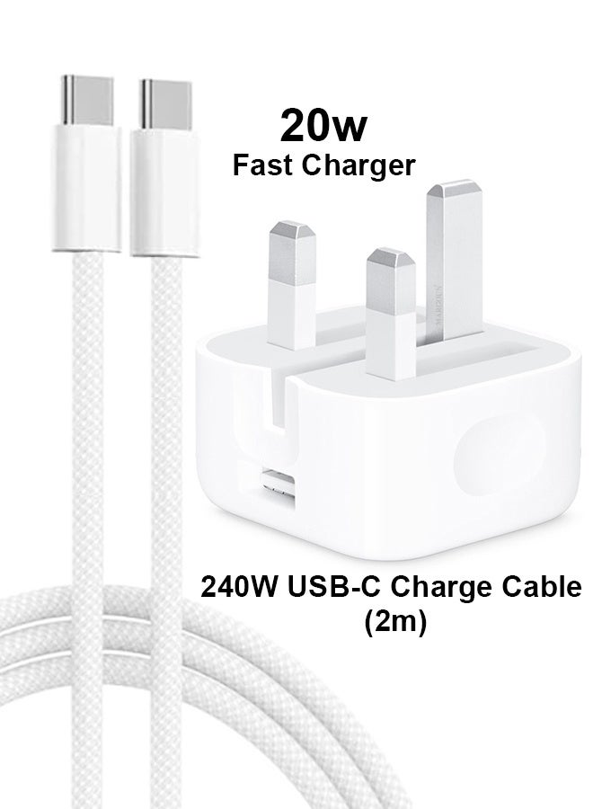 CATANES 20W USB-C PD Fast Charger with 240W Braided Type-C to Type-C Cable (2m) – UK 3-Pin Plug for iPhone 16 Pro - Image 2
