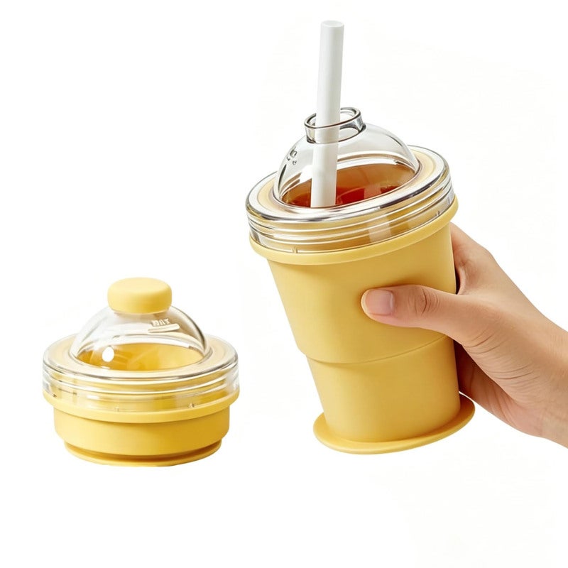 Silicone Ice Ball Mold Collapsible Tumbler Cup 2-In-1 Bpa Free Silicone Yellow - Leakproof Foldable Drinking Cup With Straw For Travel Gym - Image 1