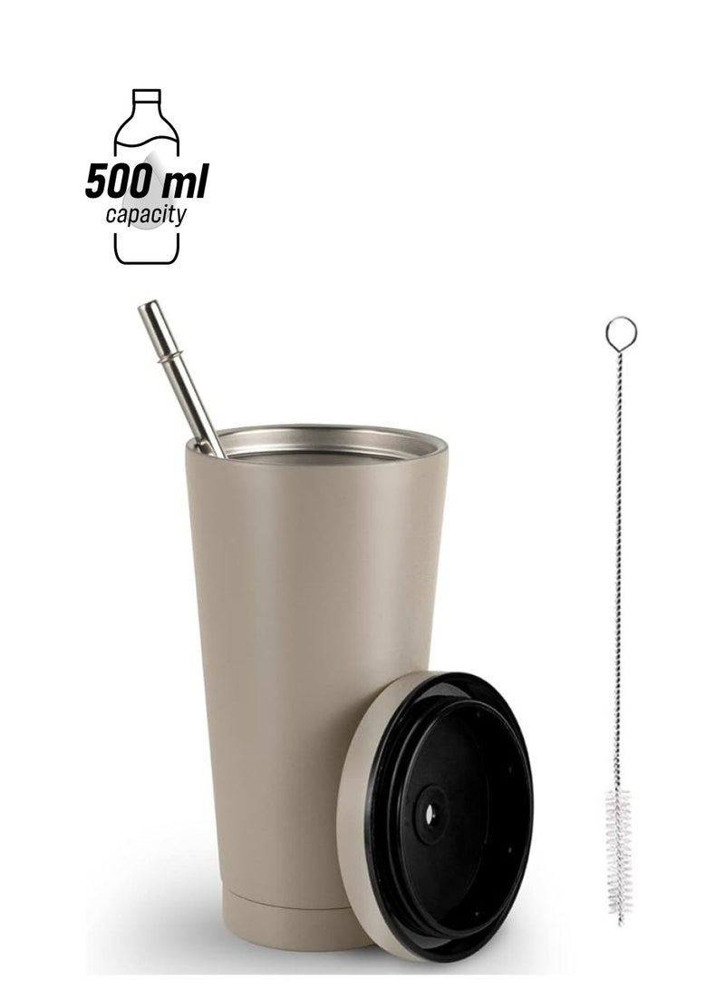 Arabest 16.9oz Stainless Steel Tumbler with a Cleaning Brush and a Straw, Modern Insulated Travel Mug with Vacuum Insulation, Durable Stainless Steel Coffee Mug  - Image 1