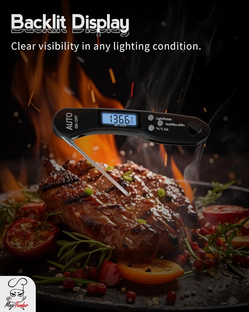 Meatender Digital Food Thermometer with Fast 1-Second Reading, ±1°F Accuracy, -58°F to 572°F Range | Foldable Probe, Magnetic Back, Backlit LCD, Auto-Off for Grilling, Baking, Smoking - Image 4