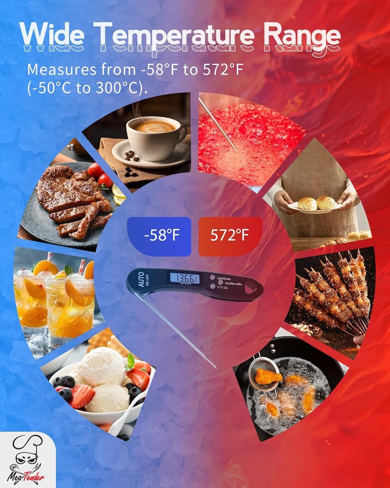 Meatender Digital Food Thermometer with Fast 1-Second Reading, ±1°F Accuracy, -58°F to 572°F Range | Foldable Probe, Magnetic Back, Backlit LCD, Auto-Off for Grilling, Baking, Smoking - Image 3