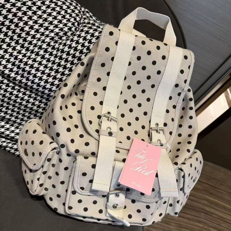 Newjeans Style Korean Retro Polka Dot Backpack, Large Capacity Cotton - Image 1