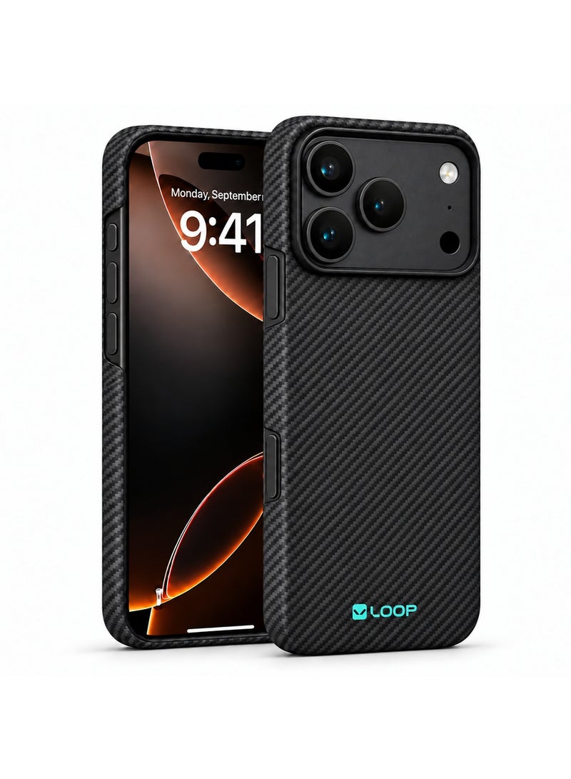 لووب جراب LOOP من ألياف الكيفلار لهاتف iPhone 18 Pro Max، غطاء فائق النحافة من ألياف الأراميد، ملمس متين وبارز، قبضة مانعة للانزلاق، حافة بارزة لحماية الكاميرا، لون أسود مطفي. - Image 1